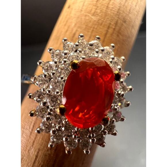 NEW Mexican Cherry fire opal moissanite halo ring in vermeil YG over 925 size 5 - Picture 5 of 16